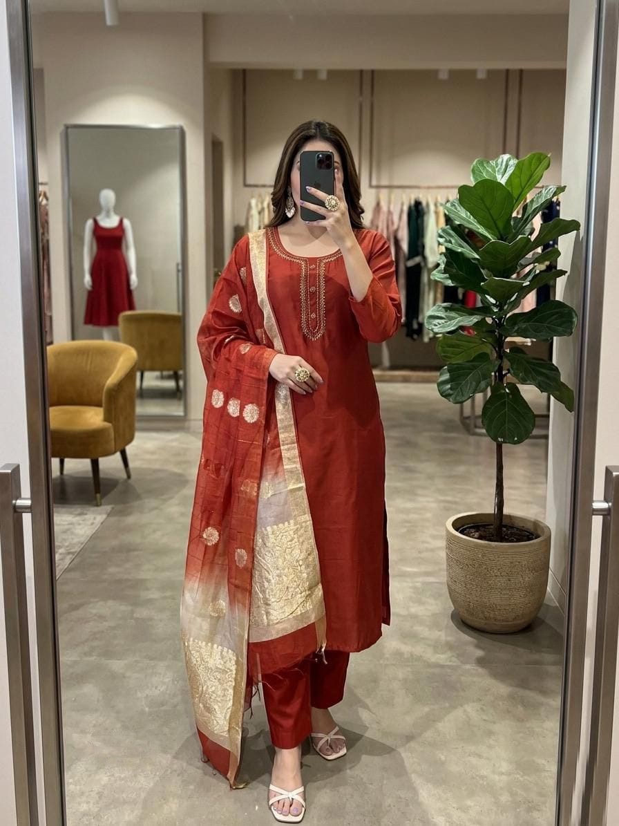 Rust Red Embroidered Kurta Set with Banarasi Dupatta